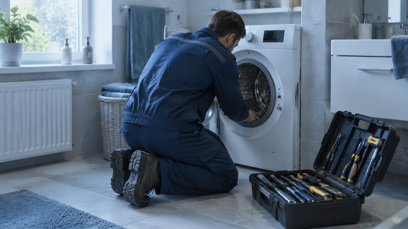 Technik s náradím pri otvorenej práčke v kúpeľni, ranné svetlo z okna